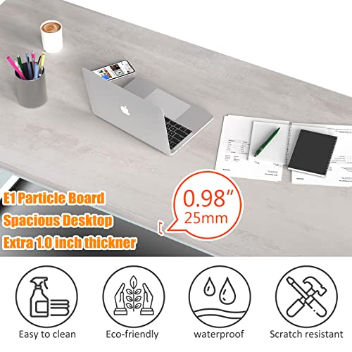 NSdirect 63" Large Computer Desk,Modern Simple Style PC Table Office Desk Wide Workstation for Study Writing,Gaming and Home Office,Extra 1" Thicker Wooden Tabletop and Black Metal Frame,Stone White