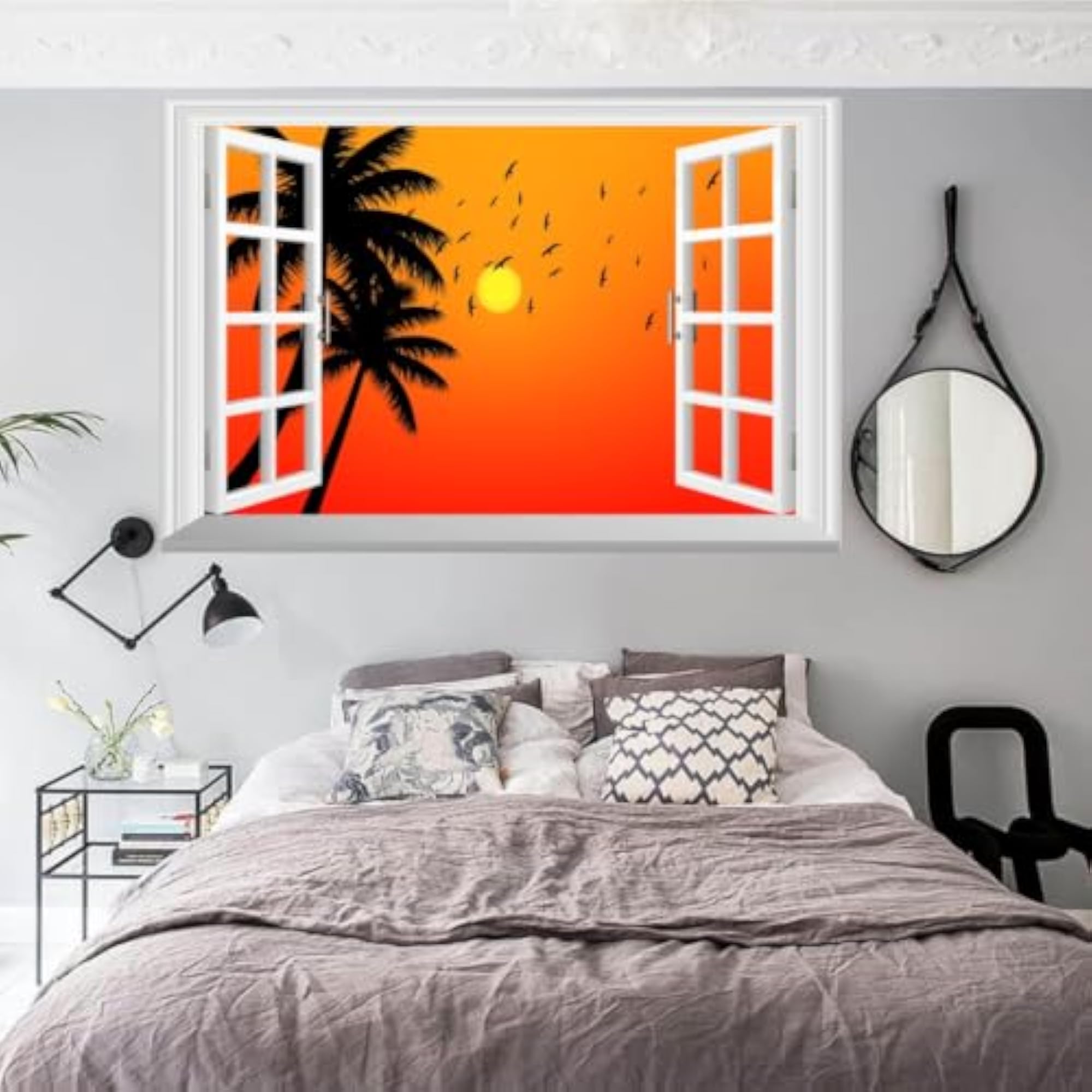 3D Open Window Palm Tree Sunset Wall Sticker