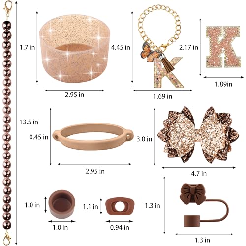 Hpebl 9PCS Brown for Stanley Cup Accessories Set Bling Initials Bow Charms for Stanley Decorations 30/40 Oz Tumbler Accessories Including Bow Straw Topper, Handle Strap, Spill Stopper（Letter K） - image 3