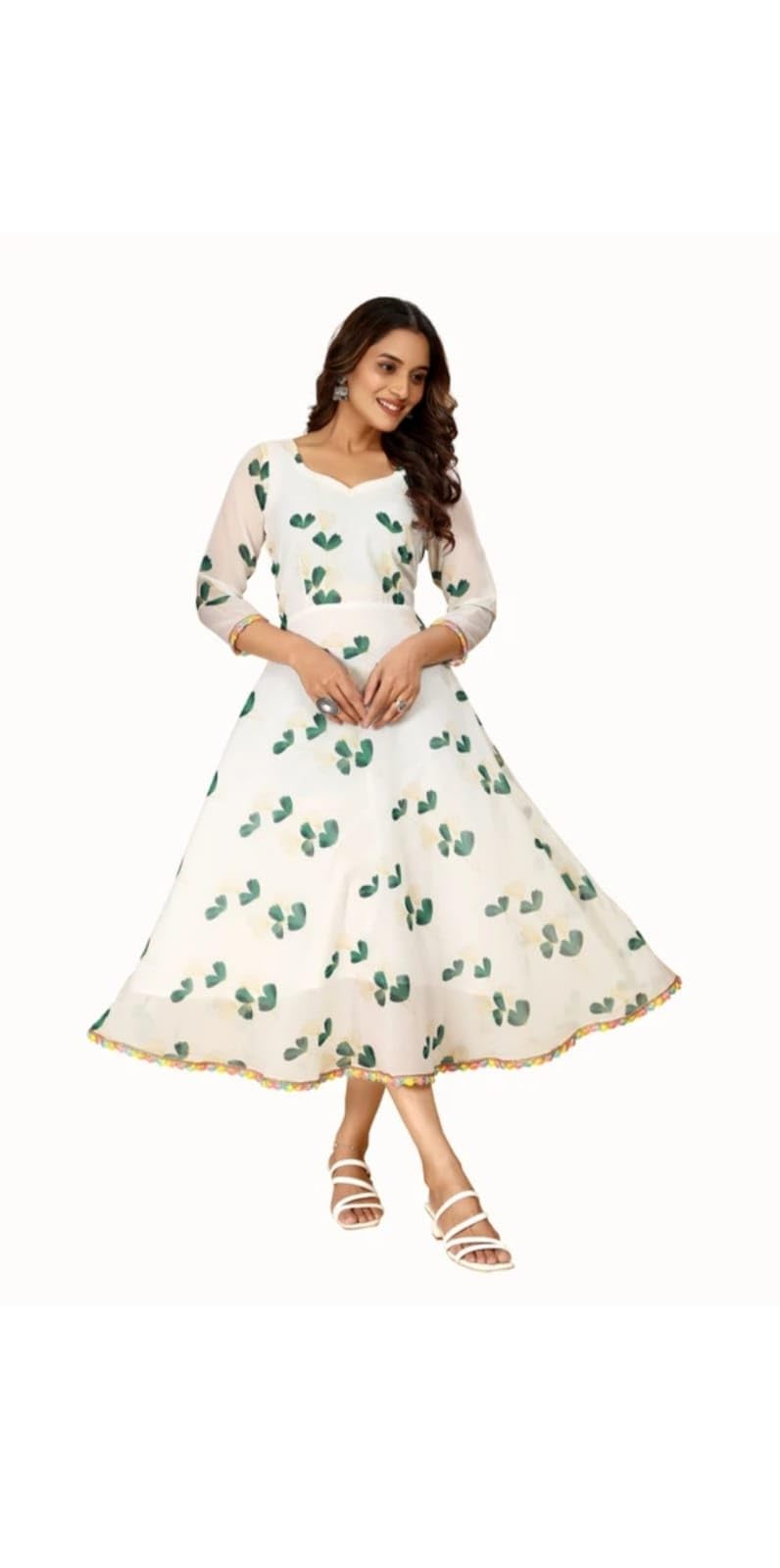 Women's Floral Print Midi Dress, White with Green Pattern, 3/4 Sleeve, V-Neck, Pom Pom Trim-picture-29