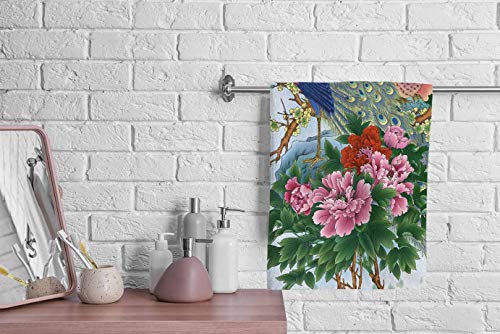 Ofloral Peacock And Peony Flower Hand Towels Cotton Washcloths, Two Beautiful Peacock Rest On Stone And Branch Comfortable Soft Towels For Bathroom Spa Gym Yoga Beach Kitchen,Hand Towel 15X30 Inch #TOP2
