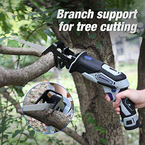 Workpro 12V Cordless Reciprocating Saw With Clamping Jaw, 2.0Ah Li-Ion Battery With 1 Hour Fast Charger, Variable Speed And Tool-Free Blade Change, 3 Saw Blades For Wood & Metal Cutting #TOP6