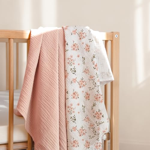 Image of lulumoon Muslin Swaddle Blankets for Baby: 100% Cotton Receiving Blankets | Breathable Wrap for Newborn Swaddling - Nursery Gift for Baby Girls (Pink Apple Flower)