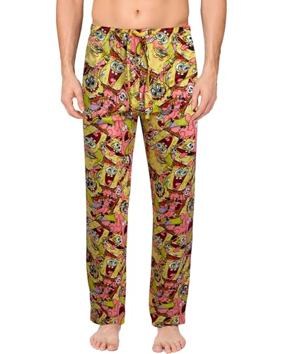 COCO BRANDS SpongeBob Mens Pajama Pants - All Over Print Adjustable Elastic Waistband Soft Silky Sleepwear for Men & Women, Size Large, Spongebob & Patrick Mob Mash/Yellow