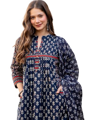 Image of Amayra Women's Pure Cotton Printed A-Line Kurta Set with Palazzo Pants & Dupatta- Ethnic Wear