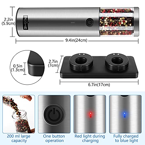 Prime, Electric Salt And Pepper Grinder Set, 2 Mills, Rechargeable, With Charging Base, Usb Cable, Power Adapter, Automatic Tact Switch Operation, Adjustable Coarseness, Stainless Steel (Ver. 2.2) #TOP1