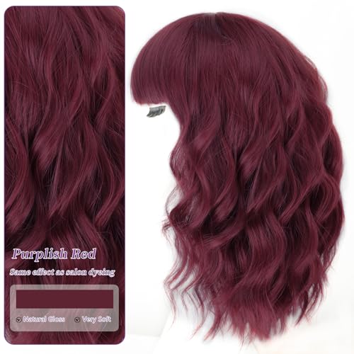 Image of AISI HAIR Purplish Red Synthetic Wavy Curly Bob Wig with Bangs Short Wavy Hair for Women Synthetic Heat Resistant Bob Wigs
