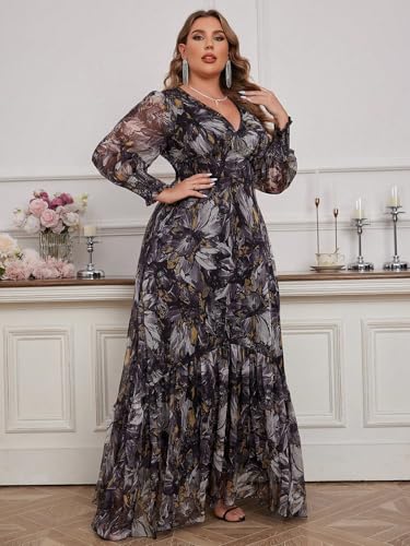 Image of Spring Summer 2024 Plus Size Womens Dresses V Neck Casual Elegant Long Sleeve Floral Print Maxi Dress