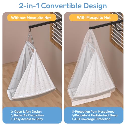 Image of Cherilo Baby Swing Cradle(Jhula) with Mosquito Net, Spring Hanger & Metal Window Cradle Stand - White Abstract - Full Set
