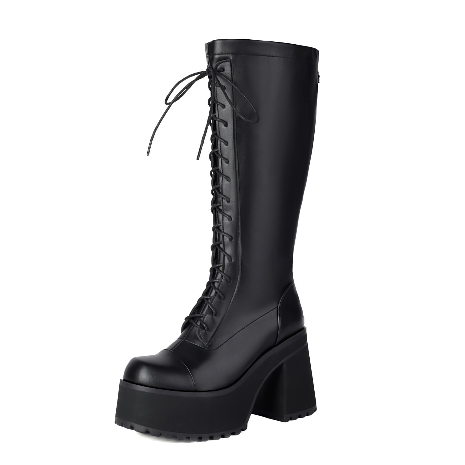 UniqueStride Womens Chunky Platform Knee High Boots High Heel Patent Leather Lace Up Round Toe Goth Boots