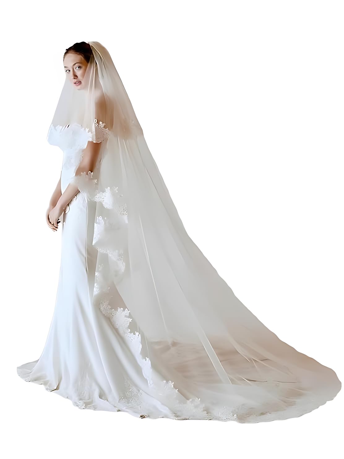 UNIQUE BRIDAL ACCESSORIES : Bridal lace wedding veil 3 meter Floor veil 2 tiar Christian Bridal Long Veil with front face Layer With Comb Head Band Pearl Bridal Veil for Wedding-image-39