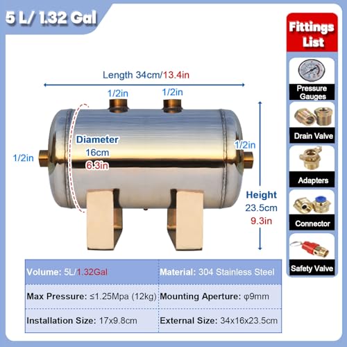 Mini Small High Pressure Reservoir Air Tank Kit - Horizontal, 13 10 8 5 3 2 1 Gal Air Storage Bladder Containers for Air Pump/ Gas Tank/Compressor, 304 Stainless Steel Portable Air Expansion Tanks(5L/