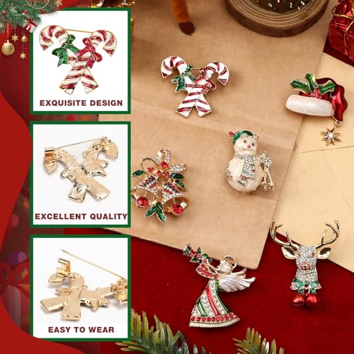 Image of 6 Pieces Merry Christmas Pins Brooch, Rhinestone Crystal Christmas Pin Enamel Christmas Bells Elk Snowmen Lollipop Brooch Christmas Decoration Ladies Holiday Gift Jewelry Party