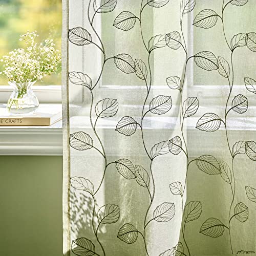 Lazzzy Sage Sheer Curtains Leaf Embroidered 72 Inch Long for