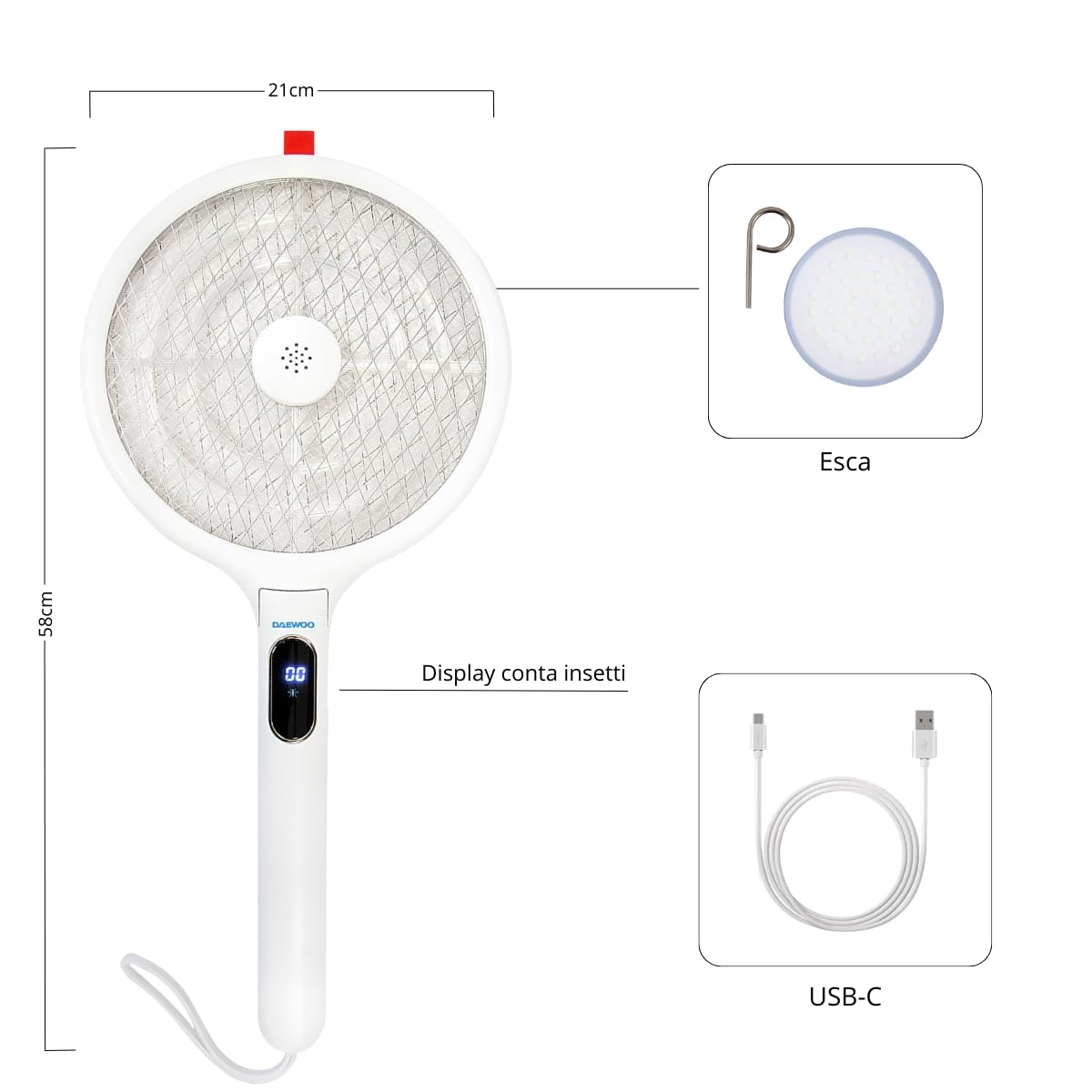 Daewoo Racchetta Antizanzare Elettrica Pieghevole Ricaricabile USB – Leggera e Potente con Display LCD – Colore Bianco – Ideale per Casa, Giardino e Campeggio