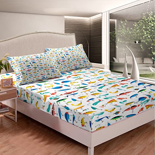 Fish Sheets Set Queen Size Cute Fish Bait Sheets With Deep Pocket Fitted Sheet For Kids Boys Girls Colorful Fishing Hooks Bed Sheet Set Nature Fishing Theme Bed Set Room Decor 4Pcs With 2 Pillow Case #TOP1