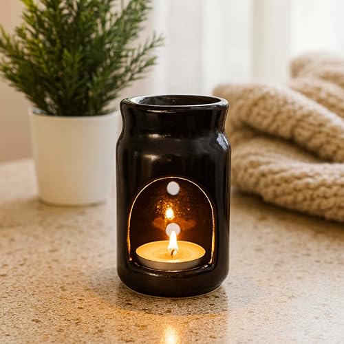 Image of Pure Source India Ceramic Aroma Diffuser Oil Burner - Tealight Candle Wax Melt & Essential Oil Warmer with Gift Box (Black)