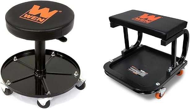 WEN Pneumatic Rolling Mechanic Stools with Padded Seats and Storage