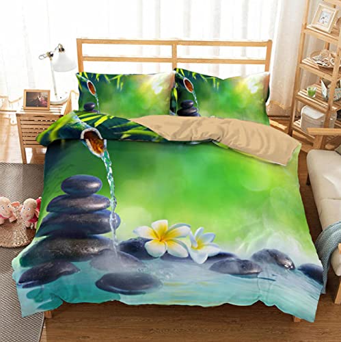 House de Couette Pierre Zen Fleur de Bambou：Ensemble de Literie 3D avec 2 Taies d'oreiller Une Housse de Couette , avec Fermeture À Glissière, en...