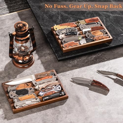 Image of Large Pocket Knife Organizer & Display Holder, Wooden EDC Tray for Folding Knives, Flashlights & Challenge Coins (Walnut, 1 Pack)