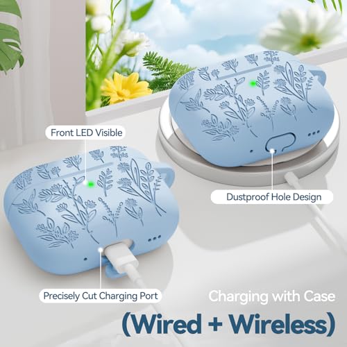 Image of Flower Engraved Case for Apple AirPods Pro 2nd /1st Generation, Soft Silicone AirPods Pro 2 Gen Protective Cover for Women Airpod Cases with Clean Kit,Carabiner,Front LED Visible,Light Blue