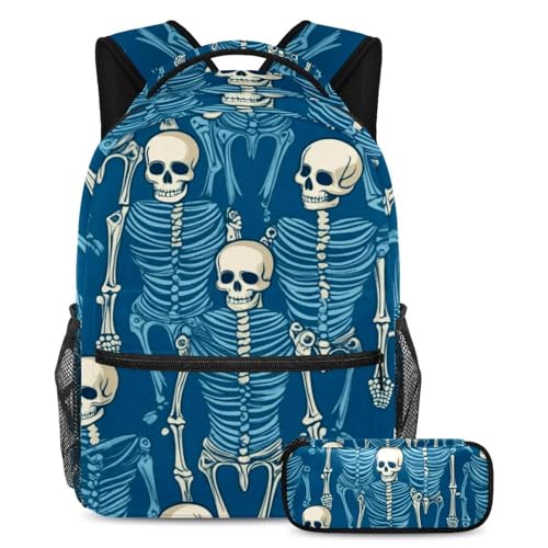 Cartable crâne sur fond bleu avec sac à dos et trousse pour école
