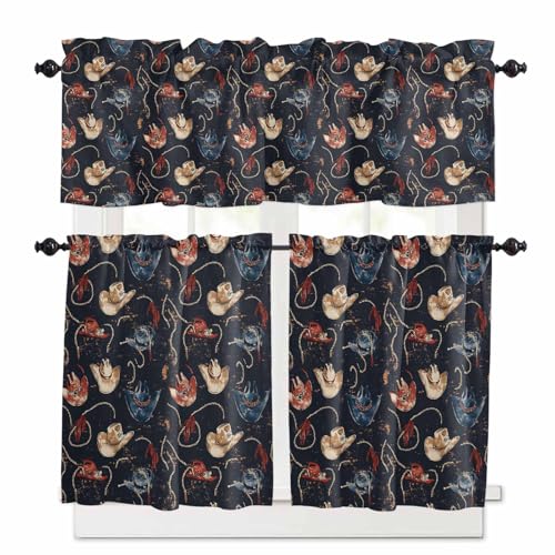 Brown Black Red Blue Cowboy Kitchen Curtains 36 Inch Length, 3 Piece Rod Pocket Small Half Tiers and Valance Set, Country Western Vintage Small Large Window Treatment Decor for Bedroom/Bathroom Sink
