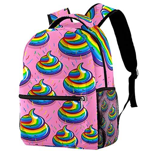 Sac à dos de voyage pour campus rose avec porte-bouteille pour filles et garçons motif crottes arc-en-ciel