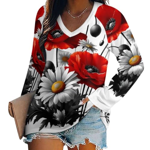 Red Poppies and Monochrome Daisy Floral Arrangement Double-Layer V Neck Long Sleeve T-Shirt for Women Loose Fit Relaxed Fit X-Large
