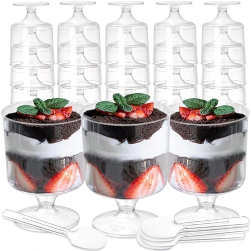 YOUEON 50 Pack Mini Plastic Dessert Cups with Spoons, 5 Oz Clear Appetizer Goblet Dessert Cup, Small Shooter Cups for Desserts, Appetizers, Puddings, Mousse