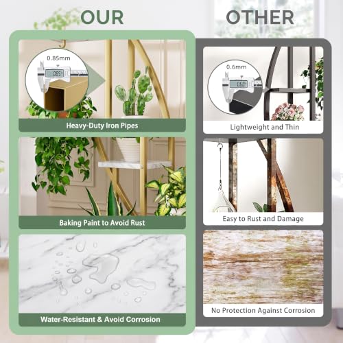 Image of BACEKOLL Plant Stand Indoor with Grow Lights, 6 Tiered Tall Plant Shelf, 63 inch Metal Plant Stand for Indoor Plants Multiple, Half-Moon Plant Rack Display Shelf, 2 Pcs Plant Holder for Living Room (Faux Marble White + Gold)