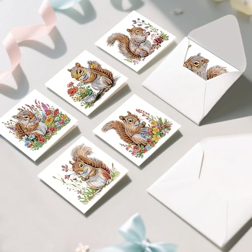 Image of AiYuanzsh 6 Pack Diamond Painting Greeting Cards with Envelopes, DIY 5D Diamond Art Card Kit Featuring Cute Squirrels, 30x15cm Handmade Rhinestone Cards Crafts for Greetings and Seasonal Wishes