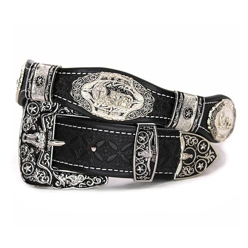 West Star Texas Men Western Concho Belt - Genuine Leather Rodeo Cowboy Belt with Longhorn Buckle & Silver Prayer Conchos (Black Size XL)