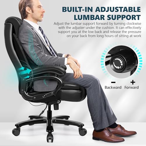Big and Tall 500lbs Office Chair,Heavy Duty Large PU Leather Executive Desk Chair with Wide Seat, Adjustbale Ergonomic Lumbar Support High Back Rocking Computer Chair for Heavy People (Black)