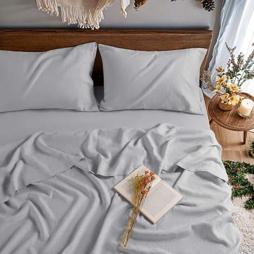 Image of 100% Linen Sheet Set Breathable Natural Linen Sheets 4Pcs Full Size, Bedding Set Deep Pocket Up to 16 inch Soft Sheet