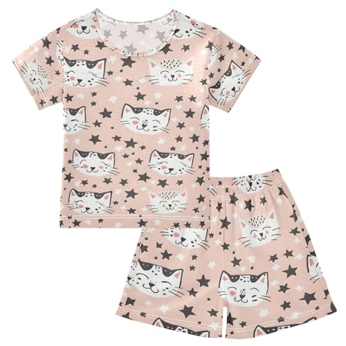 ALAZA Cat Kitten Star Cartoon Hipster Pajamas Set Short Sleeve Cotton Sleepwear Summer Pjs 2 Piece 5-14Y