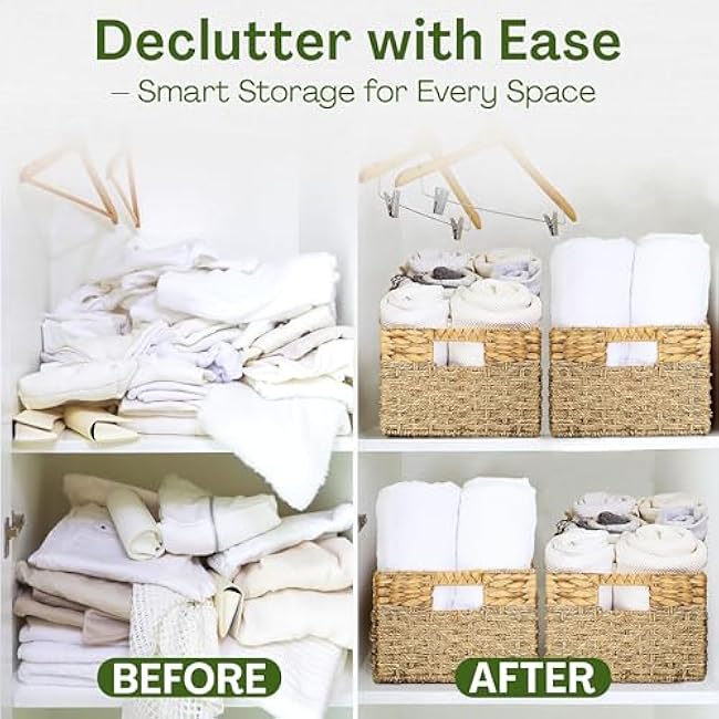 Large Wicker Storage Basket with handles, Natural, Woven, Seagrass and Hyacinth Organizing Baskets for Shelves, Pantry, Living Room - Large Size - 17x11x7.5 in