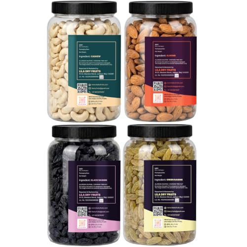 Image of LILA DRY FRUITS Mixed Dry Fruits Combo Pack Almonds Cashew Green and Black Raisin 250 Gms x 4