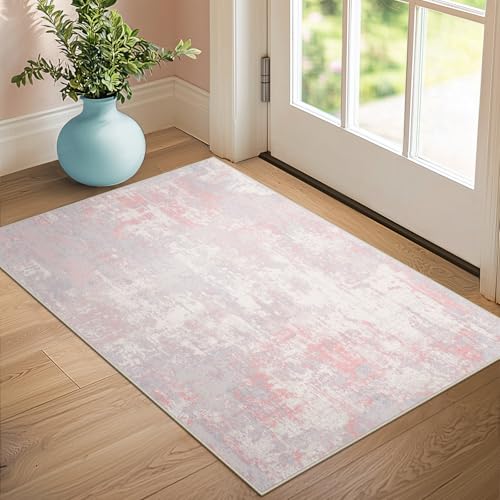 Washable Area Rugs 2'x3' Non-Slip Modern Abstract Soft for Living Room Entryway Bedroom Nursery, Print Pattern, Grey Pink