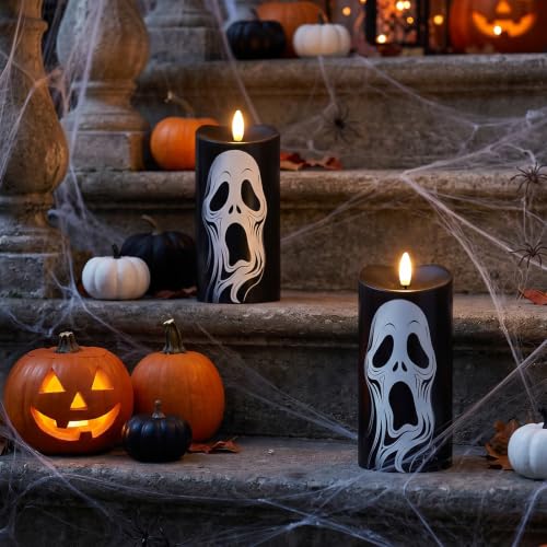 Image of Halloween Black Flameless Pillar Candles with Ghost Decals, 2PCS
