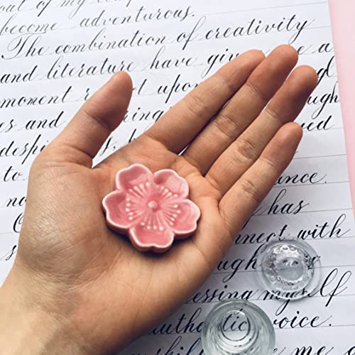 Oblique Calligraphy Pen Set Copperplate Calligraphy Pen, Glass Ink Well, Empty Ink Well For Dip Pen, Nikko G Nib, Pen Rest & Nib Tin Organizer (1. Cherry Blossom Pen Rest) #TOP5