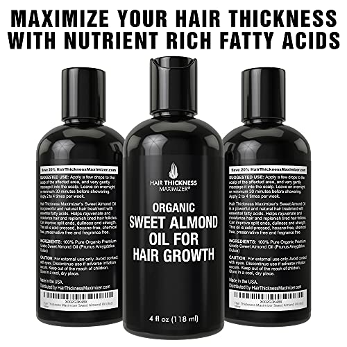 Organic Sweet Almond Oil For Hair Growth By Hair Thickness Maximizer. Pure, Organic, Cold Pressed Almond Oil Stop Hair Loss. Hair Thickening Treatment Serum To Replenish Hair Follicles For Men, Women #TOP3