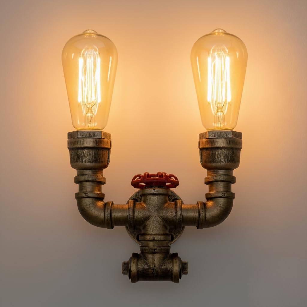 Industrial Twin Pipe Wall Light Brushed Copper E27 Red Valve Wall Sconce