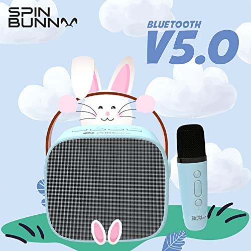 Image of JUST CORSECA Spin Bunny Karaoke Portable Speaker with Microphone, Wireless Bluetooth Speaker with LED Lights, Long Battery Life, Portable Party Music Speaker for Kids & Adults (Blue)