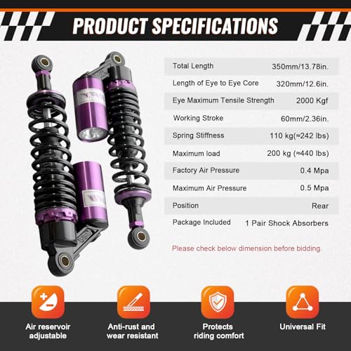 Image of GZYF 320mm 12.6 inch Universal Rear Air Shock Absorbers Suspension for Suzuki for Yamaha for Kawasaki ATV Go Kart Quad Dirt Sport Bikes,Purple