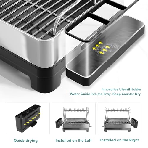 romision 2 Tier Dish Drying Rack, Large Dish Rack with 360° Swivel Spout, 304 Stainless Steel Dish Drainer Rack, Draining Board Rack for Kitchen Counter with Utensil Holder, Silver - Image 6
