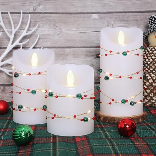 Image of Flameless Candles with Red Green Beads String Lights - Real Wax Christmas Decor Battery Operated Candles with Remote & Timer- Home Party Bedroom Holiday Valentine's Day Decorations - Set of 3