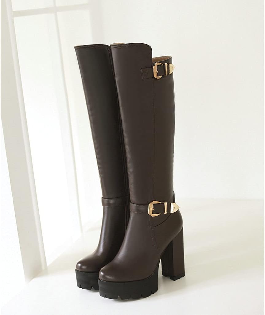 Shinelly Women High Heel Platform Boots Knee High Chunky Boots Zipper
