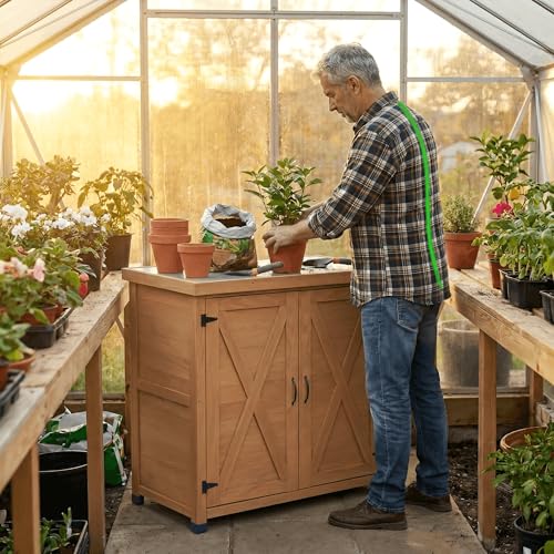 Potting Bench Outdoor Storage Cabinet with Waterproof Metal Top, Wooden Garden Work Station for Tools, Backyard Deck and Balcony Organizer, Outside Hutch, 36-Inch Tall Shed, Natural