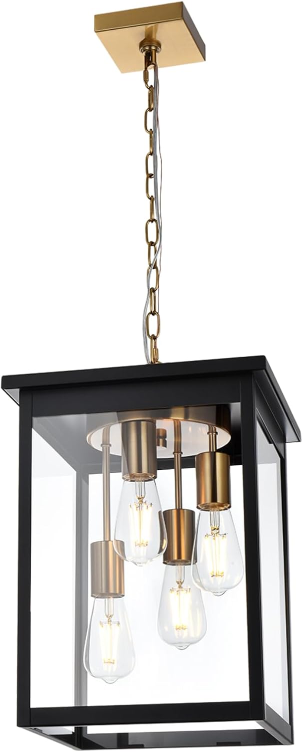 4-Light Outdoor Pendant Light, Black and Brass Hanging Lantern with Clear Glass, Height Adjustable Exterior Porch Light Fixture for Patio & Entryway, E26 Base, Damp Rated